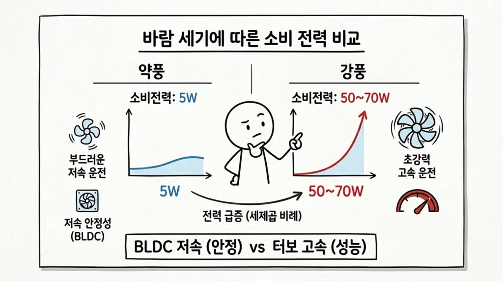공기청정기 약풍 vs 강풍 전기요금 차이 팬 속도와 전력 소비가 세제곱으로 증가하는 구조 설명