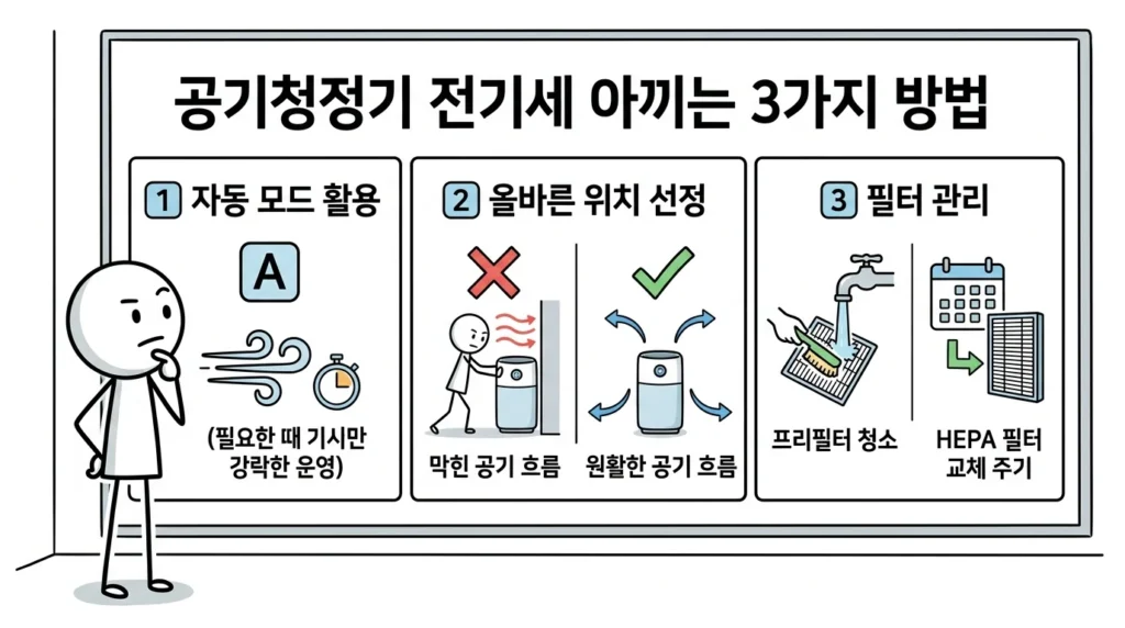 공기청정기 거실 하나 vs 방마다 하나 전기요금 차이 줄이기 위한 자동 모드 사용과 배치 그리고 필터 관리 방법 설명