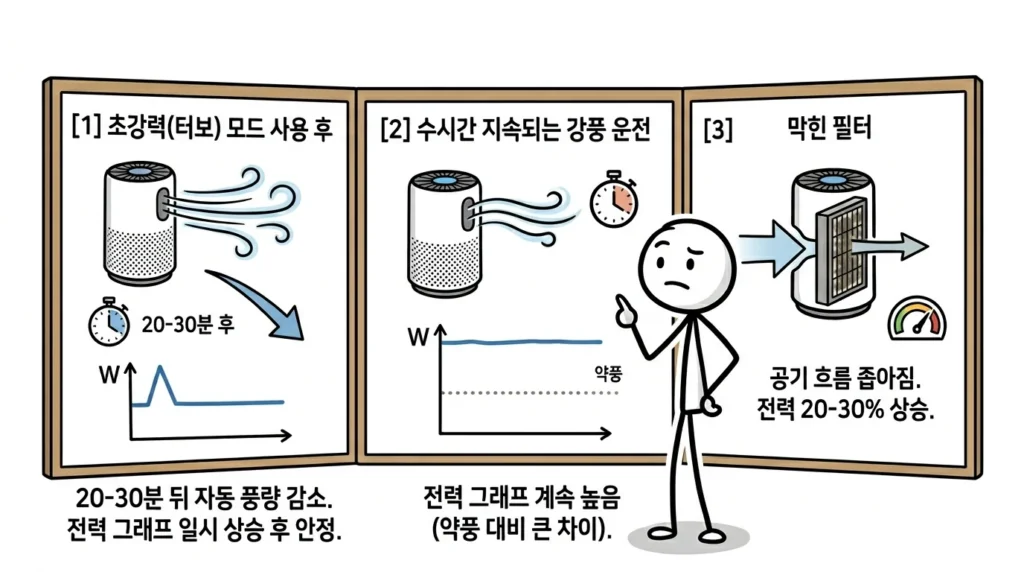 공기청정기 약풍 vs 강풍 전기요금 차이 강풍을 유지용으로 쓰거나 필터가 막히면 전력 사용이 급증하는 이유 설명