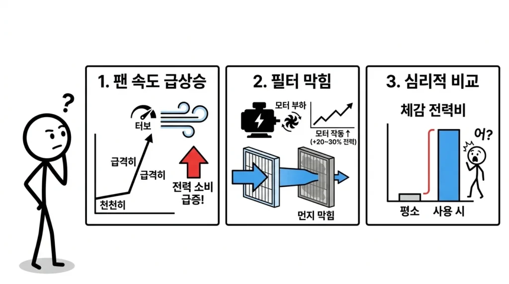 공기청정기 계속 켜두면 전기요금 터보 모드 전력 증가와 필터 막힘 그리고 심리적 체감 원인 설명