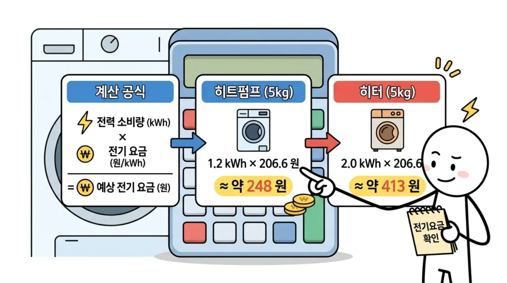 건조기 5kg 용량 전기요금 회당 전력 사용량 kWh와 단가로 계산하는 방법과 히트펌프 히터식 비교 설명