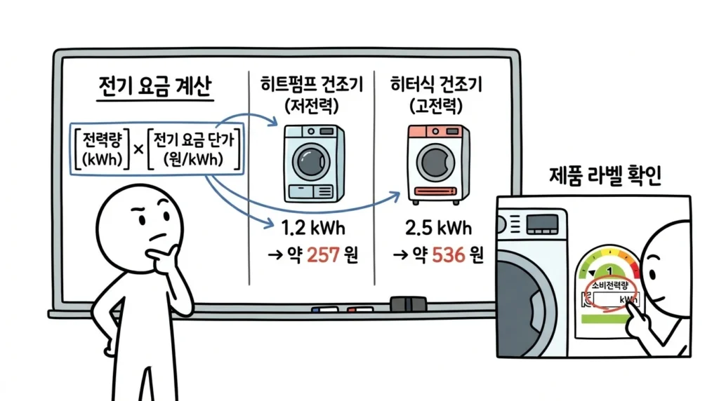 건조기 한 번 돌리는 전기요금 회당 전력량 kWh와 전기요금 단가로 계산하는 방법 설명