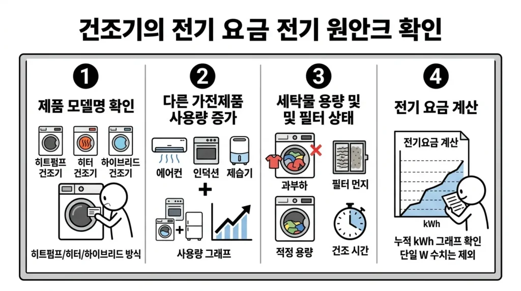 건조기 전기요금 원인을 확인하기 위해 제품 방식과 가전 사용량 그리고 건조 시간과 kWh 기준 계산을 점검하는 방법 설명