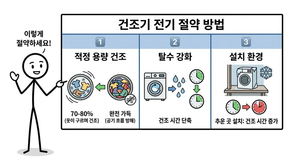 건조기 한 번 돌리는 전기요금 줄이기 위해 적정 적재량과 탈수 강화 그리고 설치 환경이 영향을 주는 이유 설명