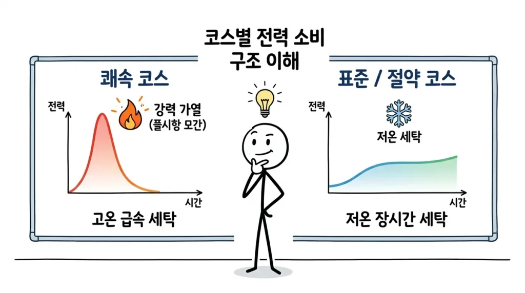건조기 쾌속 건조 코스 전기요금 코스에 따라 소비전력과 전력 피크가 달라지는 구조 설명