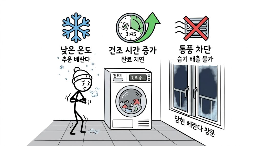 건조기 전기요금 세탁기보다 많이 나올까 겨울 베란다 설치와 낮은 온도로 히트펌프 효율이 떨어지는 상황 설명