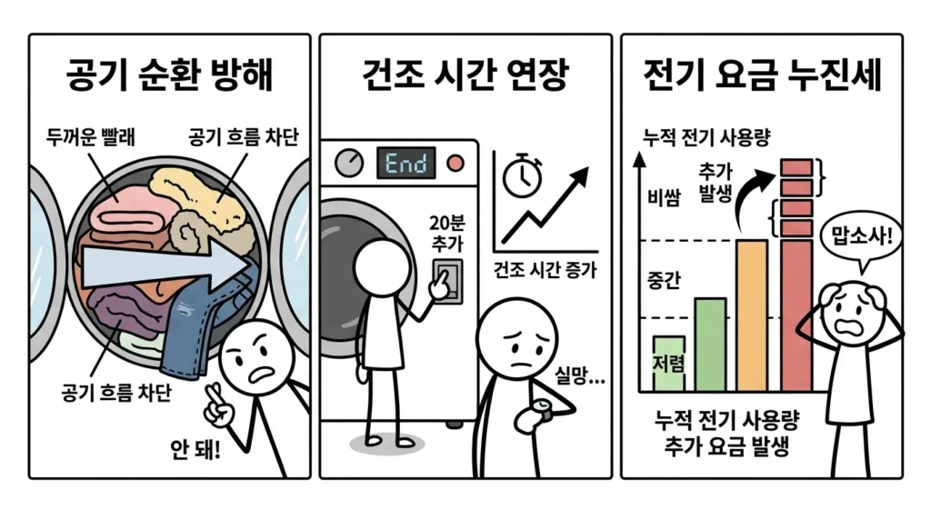 건조기 빨래 가득 넣으면 전기요금 더 나올까에 대한 정보를 스틱맨 애니메이션으로 시각적으로 설명하는 정보성 이미지