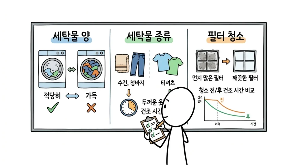 건조기 빨래 가득 넣으면 전기요금 더 나올까에 대한 시각적 설명입니다. 스틱맨 애니이미지 흰색배경 한글만 사용 텍스트 최소화