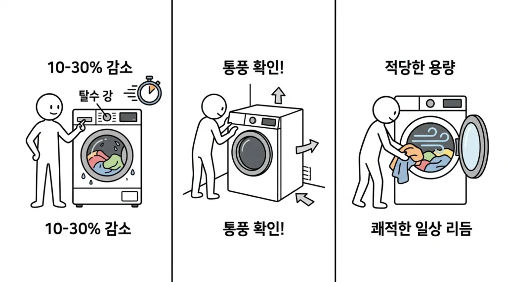 건조기 저온 건조 모드 전기요금 절약 및 효율적인 사용법을 알려주는 스틱맨 애니메이션입니다.