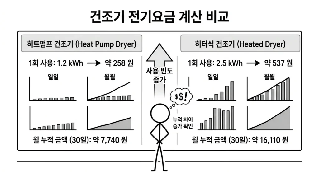 히트펌프 건조기 vs 히터식 건조기 전기요금 비교 회당 전력량과 사용 횟수에 따라 누적 요금이 달라지는 계산 설명