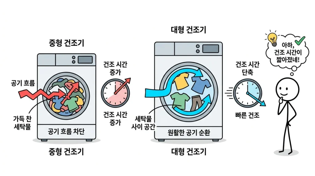 대용량 건조기 전기요금 통이 넓어 공기 순환이 좋아지면 건조 시간이 줄어드는 원리 설명