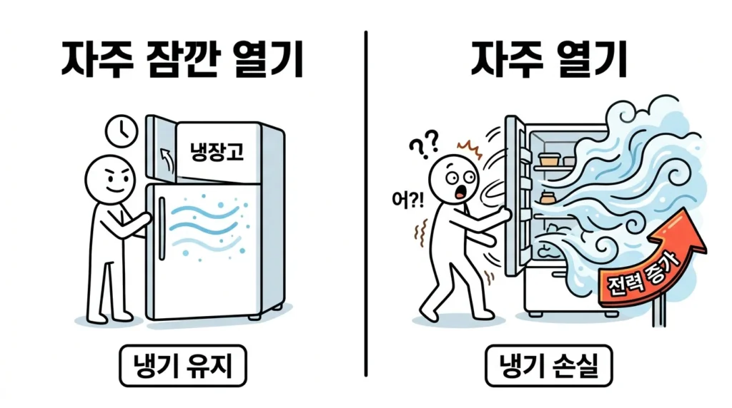 10년 넘은 냉장고 전기요금 증가 원인과 잦은 문 여닫기 영향 설명 이미지