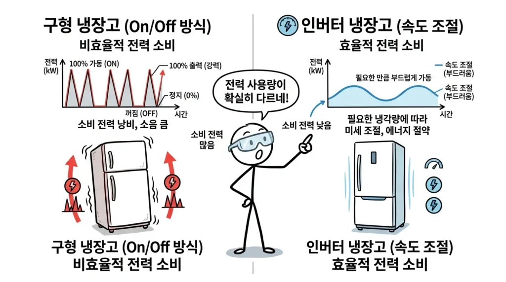 10년 넘은 냉장고 전기요금 차이와 인버터 정속형 구조 비교 이미지