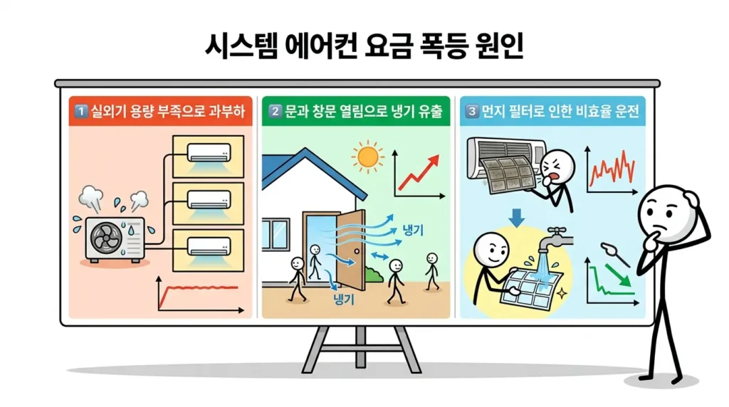 시스템에어컨 전기요금 폭탄 실외기 용량 부족과 문 열림 그리고 필터 오염이 전력 소비를 늘리는 원인 설명