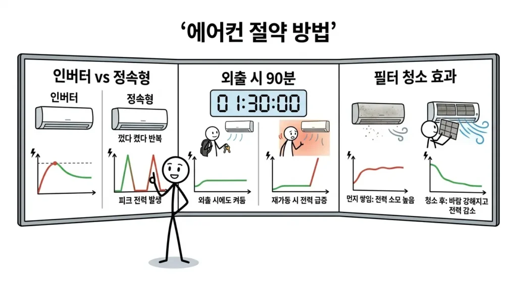 시스템에어컨 전기요금 한 달 절약을 위해 인버터 여부와 외출 유지 운전 그리고 필터 청소가 중요한 이유 설명