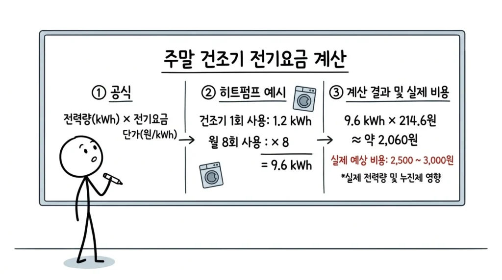건조기 주말마다 사용하면 전기요금 회당 전력량과 월 사용 횟수로 계산하는 방법 설명