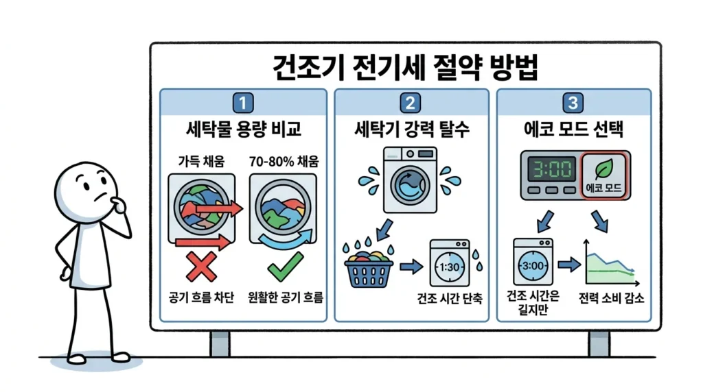 건조기 주말마다 사용하면 전기요금 줄이기 위해 적정 적재량과 강력 탈수 그리고 에코 모드 활용 방법 설명