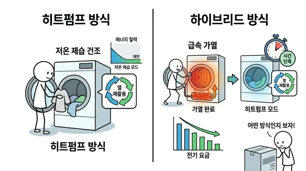 건조기 저온 건조 모드 전기요금에서 히트펌프 방식과 하이브리드 방식을 선택하는 기준